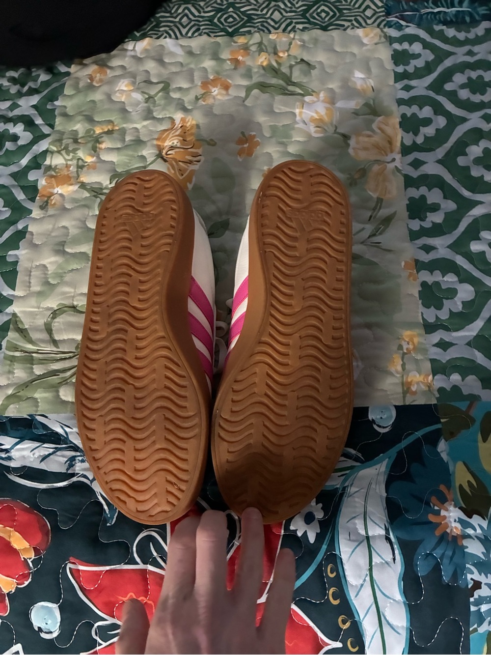 Adidas Women's 9.5  super cute White Sneakers with Pink Stripes and Gum Sole - Picture 5 of 5